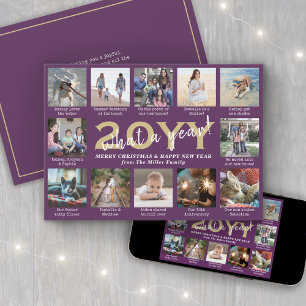 Script What a Year! 12 Photo Collage Purple & Gold Holiday Card