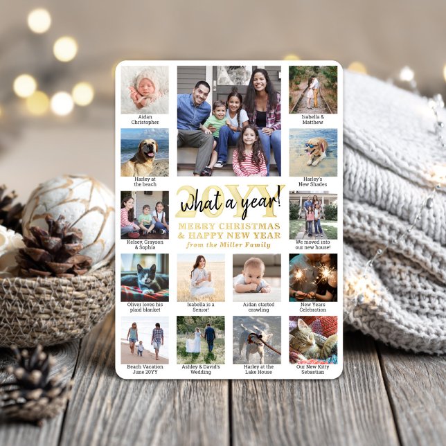 Script What a Year! 15 Photo Collage & Captions Foil Holiday Card (Creator Uploaded)