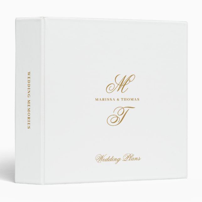 Script White Gold Wedding Plans Monogram Planners Binder (Front/Spine)
