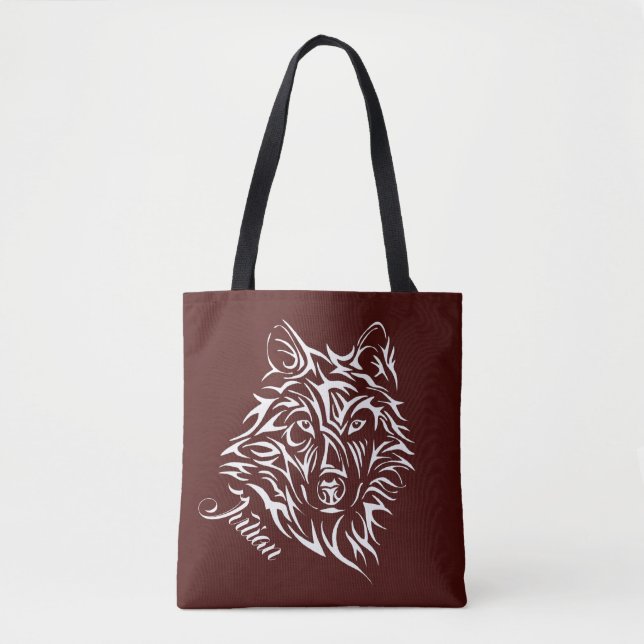 Script White Wolf Head on Blood Red Personal Name Tote Bag (Front)
