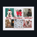Script with Heart Merry Christmas 6 photos name Postcard<br><div class="desc">Script with Heart Merry Christmas 6 photos Universal Postcard. Personalized 6 family collage photos Universal Greetings Postcards featuring a stylish photo collage with 6 customized images,  your greetings message in elegant handwritten script font,  your name,  date,  year,  message on the back in a modern and simple sans serif font.</div>