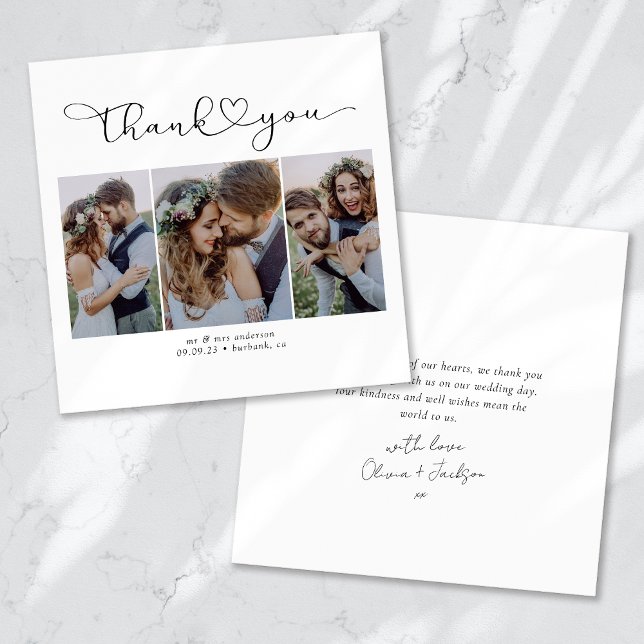 Script with Heart Multi Photo Wedding Thank You Card (Creator Uploaded)