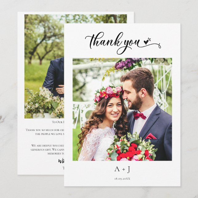 Script with Heart Wedding Monogram Thank You  Card (Front/Back)
