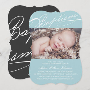 Scripted Baptism Rosary Cross Blue Photo Religious Invitation