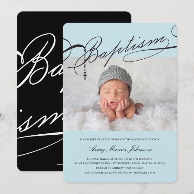 Scripted Baptism Rosary Cross Boy Photo Religious Invitation (Front/Back)