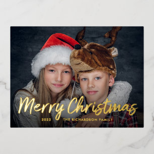 Scripted Christmas   Gold Foil with Photo Foil Holiday Postcard