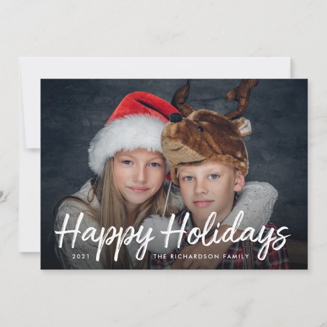 Scripted Christmas | Navy Blue with Photo Holiday Card (Front)
