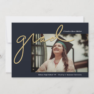 Scripted Grad Navy and Gold Graduation Announcement