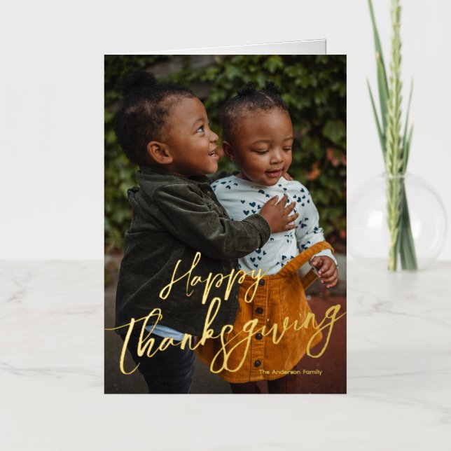 Scripted Photo Happy Thanksgiving Foil Holiday Card (Front)