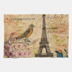 Scripts Hydrangea French Bird Paris Eiffel Tower Kitchen Towel