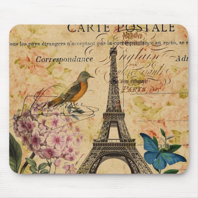 Scripts Hydrangea French Bird Paris Eiffel Tower Mouse Pad (Front)
