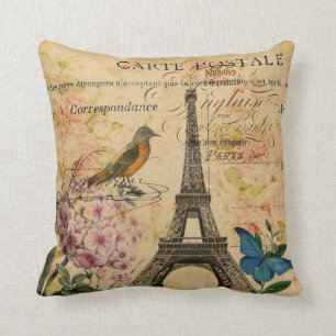 Scripts Hydrangea French Bird Paris Eiffel Tower Throw Pillow