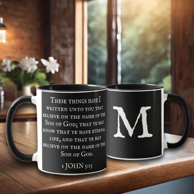 Scripture 1 John 5:13 KJV Monogram Black  Mug (Creator Uploaded)