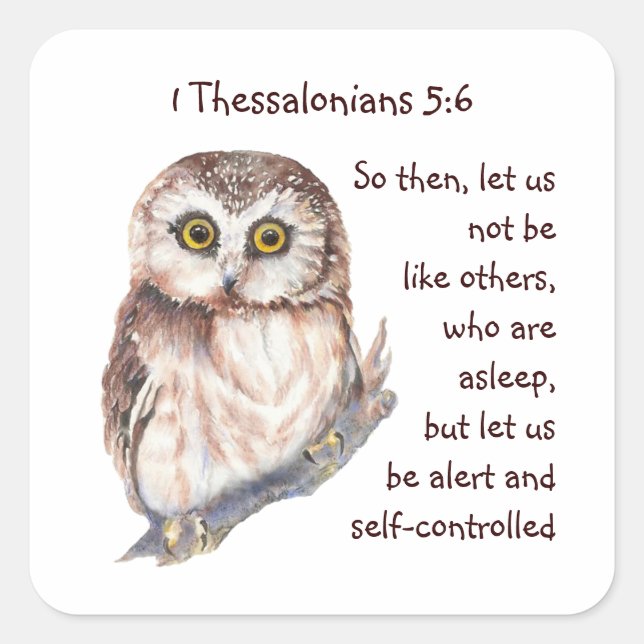 Scripture 1 Thessalonians 5:6 Cute Owl Square Sticker (Front)