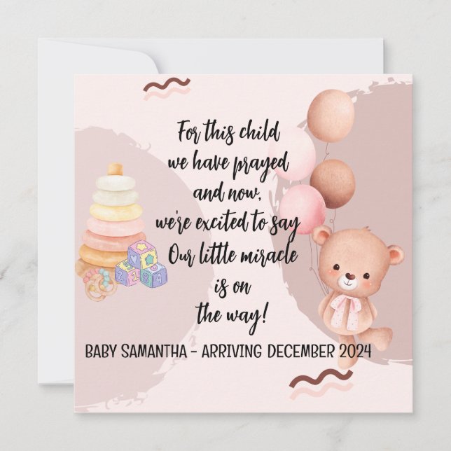 Scripture Baby Announcement Card Girl Bear (Front)