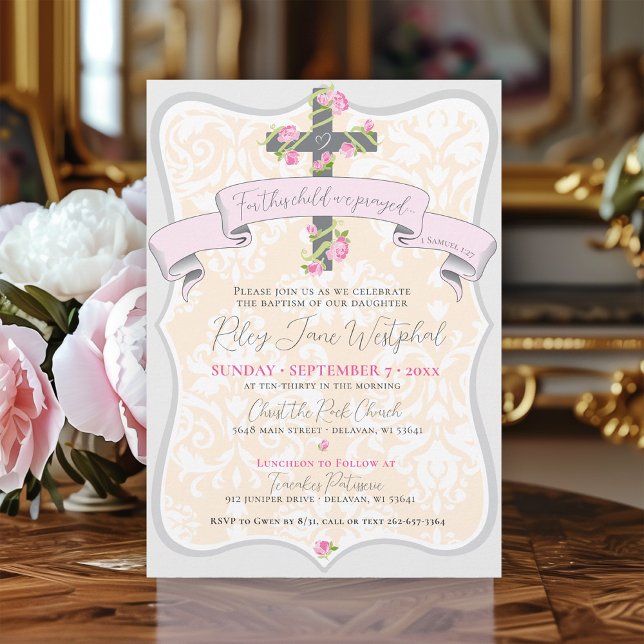 Scripture Floral Cross Damask Baby Girl Baptism Invitation (Cute soft pink rose bud cross church baptism & luncheon celebration invitation beige yellow damask )