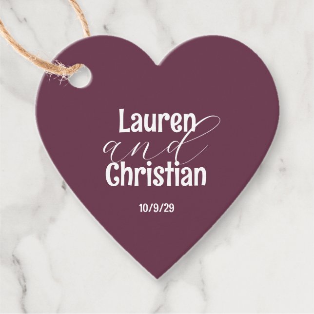 Scripture Plum Wedding Heart Favour Tags (Front)