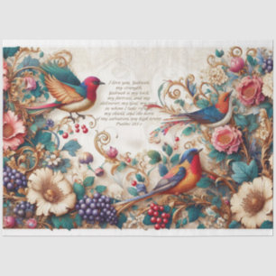Scripture (Psalm 18 v 1-2) Floral Birds Decoupage Tissue Paper