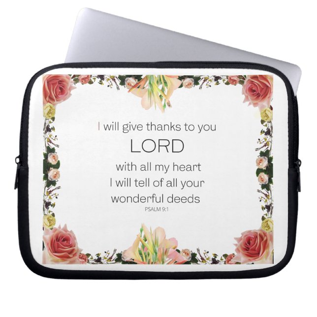 Scripture Psalm 9, Floral Laptop Sleeve (Front)