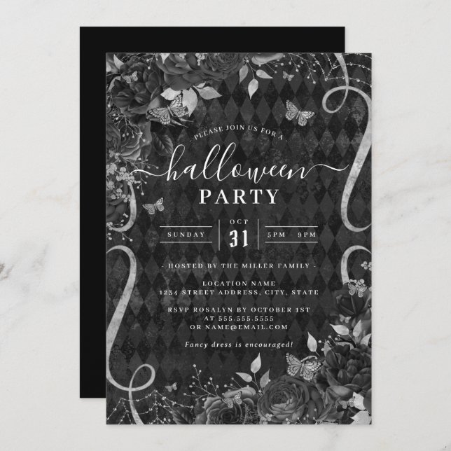 Scroll Black Dark Spooky Floral Halloween Party  Invitation (Front/Back)