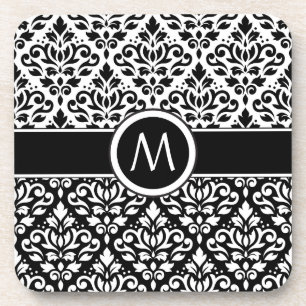 Scroll Damask 2Part Ptn BW & Band (Personalized) Coaster
