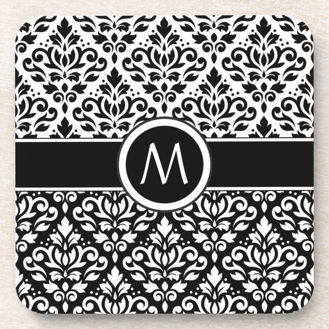 Scroll Damask 2Part Ptn BW & Band (Personalized) Coaster (Front)