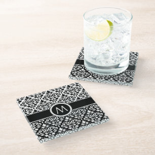 Scroll Damask 2Part Ptn BW & Band (Personalized) Glass Coaster