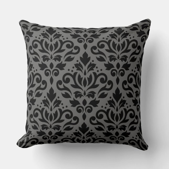 Scroll Damask 2Way Big Pattern Black & Grey Throw Pillow (Front)