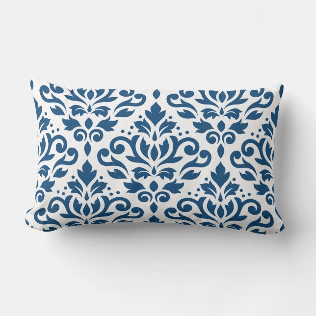 Scroll Damask 2Way Lg Ptn Dk Blue & White Lumbar Pillow (Front)