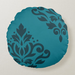 Scroll Damask Art I 2Way Dark & Mid-Teal Round Pillow