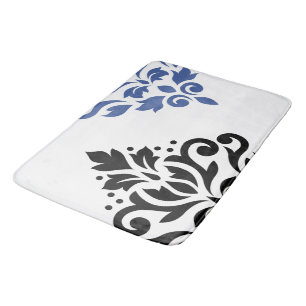Scroll Damask Art I Black & Blue on White Bath Mat