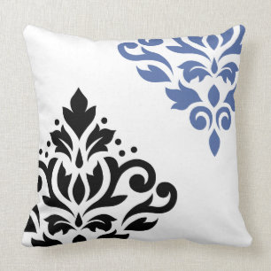 Scroll Damask Art I Black & Blue on White Throw Pillow