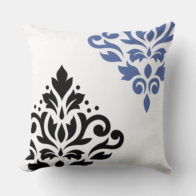 Scroll Damask Art I Black & Blue on White Throw Pillow (Front)