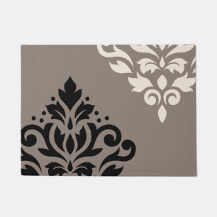 Scroll Damask Art I Black & Cream on Taupe Doormat