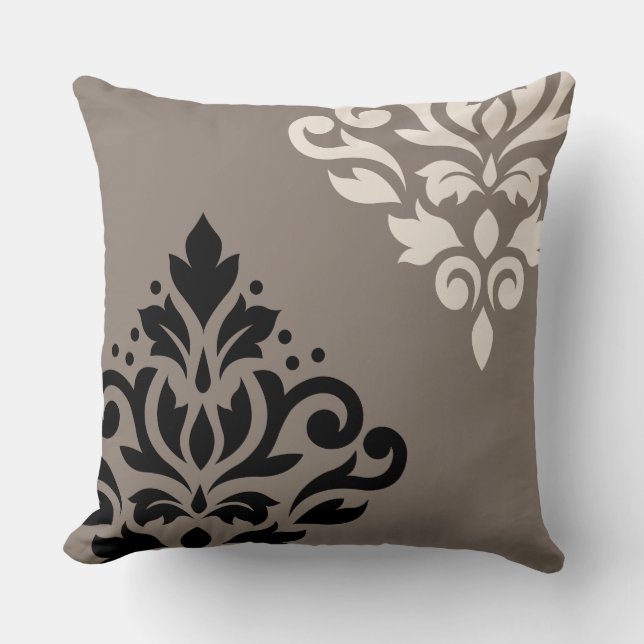 Scroll Damask Art I Black & Cream on Taupe Throw Pillow (Front)