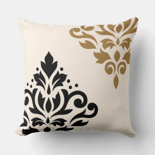 Scroll Damask Art I Black & Gold on Cream Throw Pillow