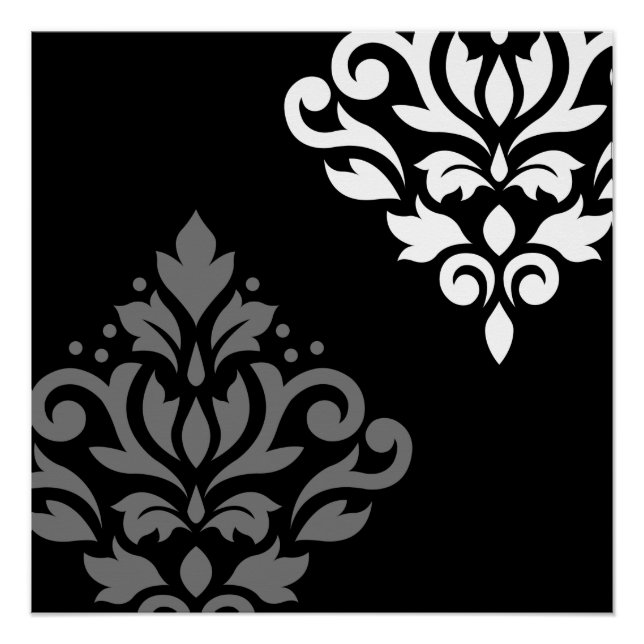Scroll Damask Art I Black Gray White Poster (Front)