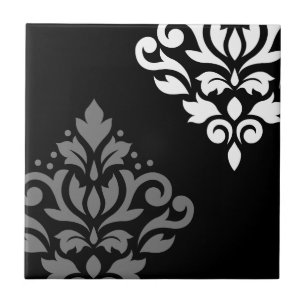 Scroll Damask Art I Black Gray White Tile