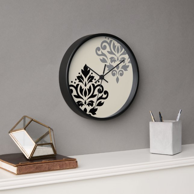 Scroll Damask Art I Black Grey Cream Clock (Office)