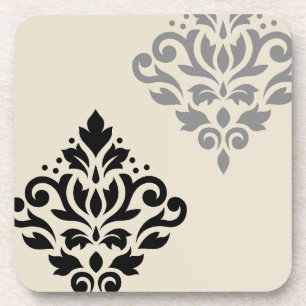 Scroll Damask Art I Black Grey Cream Coaster