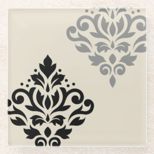 Scroll Damask Art I Black Grey Cream Glass Coaster