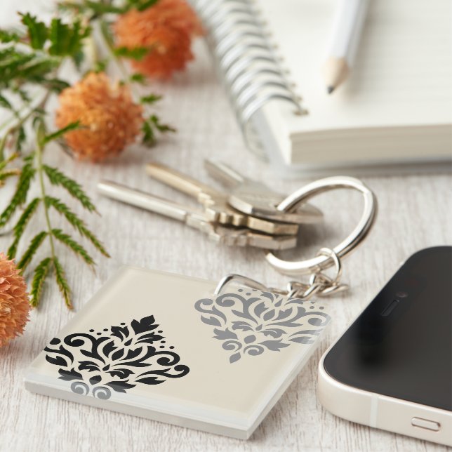 Scroll Damask Art I Black Grey Cream Keychain (Front Right)