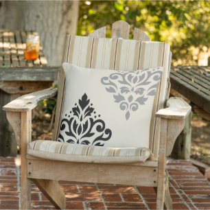 Scroll Damask Art I Black Grey Cream Outdoor Pillow