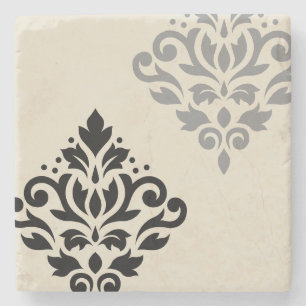 Scroll Damask Art I Black Grey Cream Stone Coaster