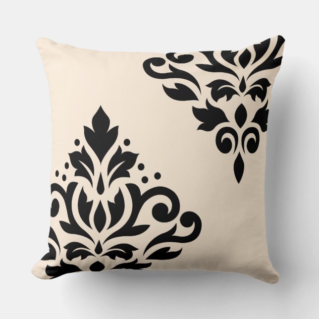 Scroll Damask Art I Black on Cream Throw Pillow (Front)