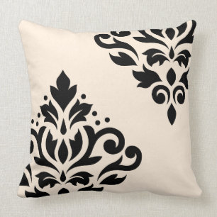 Scroll Damask Art I Black on Cream Throw Pillow