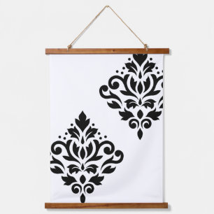 Scroll Damask Art I Black on White Hanging Tapestry