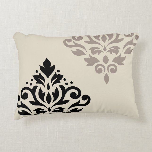 Scroll Damask Art I Black Taupe Cream Accent Pillow (Front)
