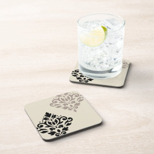Scroll Damask Art I Black Taupe Cream Coaster