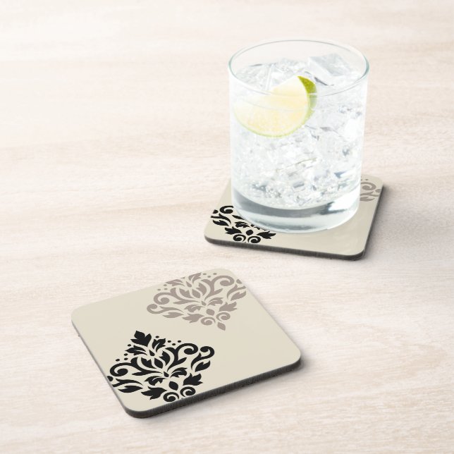 Scroll Damask Art I Black Taupe Cream Coaster (Right Side)